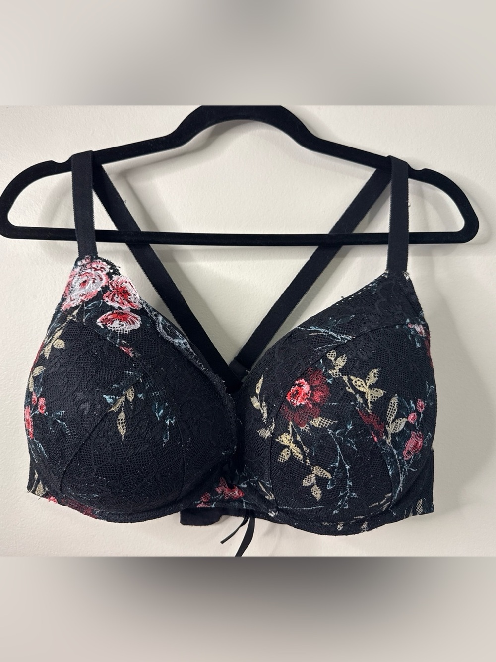 Torrid Curve Push-Up Plunge Bra 40DDD Black Floral Lace Strappy